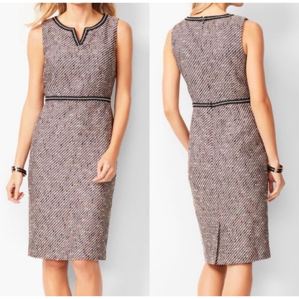 Talbots Tweed Sheath Dress Womens 6 Multicolor V-Neck Braided Trim Work Career